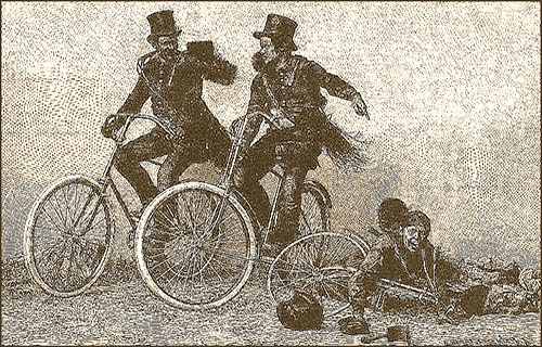 Holzstich: drei lachende Schornsteinfeger per Fahrrad unterwegs, weil einer davon ist vom Rad gefallen