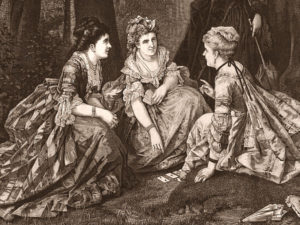 alter Stich: drei elegante Kartenlegerinnen