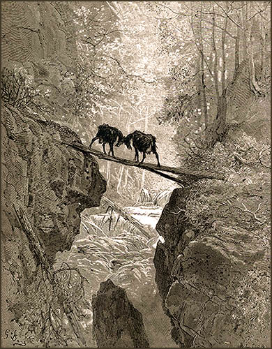 s/w Illustration: Zwei Ziegen kämpfen auf einem Steg über einem reißenden Sturzbach