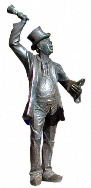 Bronzefigur: Ausrufer mit Glocke und Buch