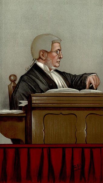 farbige Zeichnung: bebrillter Richter mit Perrücke sitzt auf dem Richterstuhl