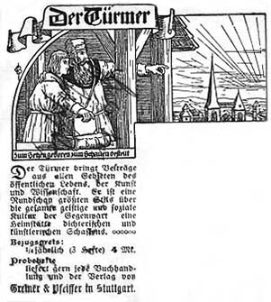 sw-Abbildung mit werbendem Text für die Zeitschrift "Der Türmer"