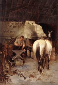 Gemälde: Hufschmied in seiner Werkstatt beim Schmieden eines Hufeisens, rechts von ihm stehend beobachtet das ein Pferd