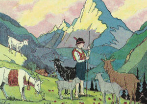 Farblitho: Ziegenhirte mit Ziegen in den Bergen - 1931