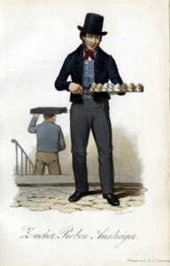 farbige Zeichnung: Mann mit Zylinder hat auf einem Tablette unterschiedliche Zuckerhäufchen