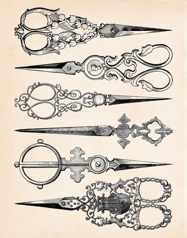 sw Zeichnung: sechs kunstvoll gestaltete Frisierscheren
