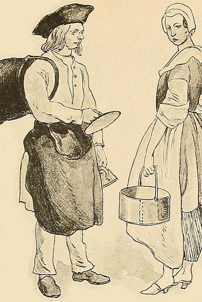 Zeichnung: Kesselflicker hebt den Deckel eines Topfes einer Frau