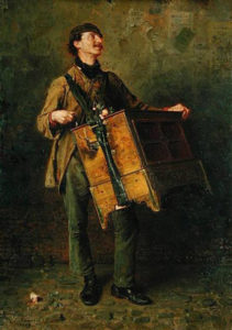 Gemälde: Mann mit tragbarer Drehorgel an Lederriemen um den Hals