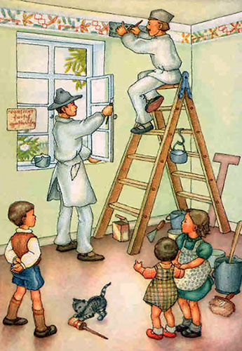 Kolorierte Zeichnung: im Rauminneren streicht ein Maler das Fenster und ein zweiter malt auf einer Bockleiter sitzend mittel Schablone eine Schmuckbordüre an der oberen Wand und im Vordergrund drei kleine Kinder, die das Geschen beobachten