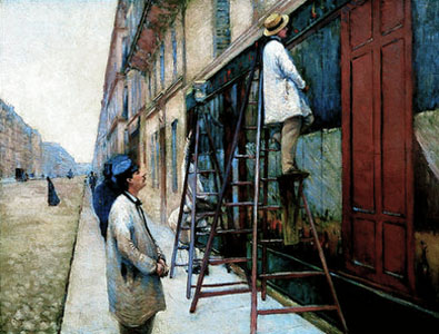Gemälde: drei Maler steichen die Fassade eines Ladengeschäftes