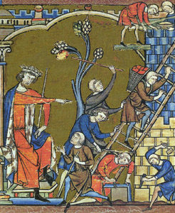 Kolorierter Holzschnitt: mittelalterliche Darstellung einer Baustelle