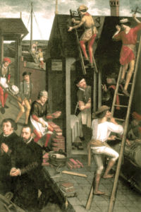 Gemälde: mehrere Bauarbeiter auf einer Baustelle beim Hausbau