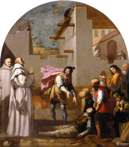 Gemälde: am Boden liegender, tötlich verunglückter Bauarbeiter, umringt von Menschenmenge und zwei Priestern
