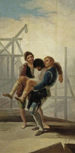 Gemälde: zwei Männer tragen einen verunglückten Bauarbeiter