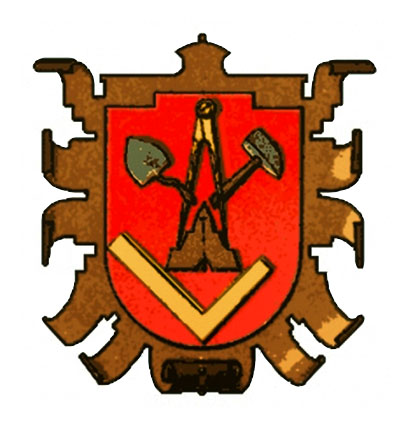 Wappen mit Maurerkelle, Zirkel, Hammer, Senklot und Winkel auf rotem Grund