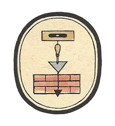 ovales Zeichen, von oben nach unten Wasserwaage, Maurerkelle, Senklot und kleine Ziegelmauer