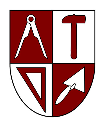 Wappen in rot-weiß, geteilt in 4 Segmente mit Zirkel, Hammer, Dreieck und Maurerkelle