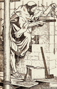 sw Litho: als Baumeister tätiger Mönch kontrolliert auf Baugerüst stehend mit Senklot und Winkel eine frisch erbaute Mauerecke