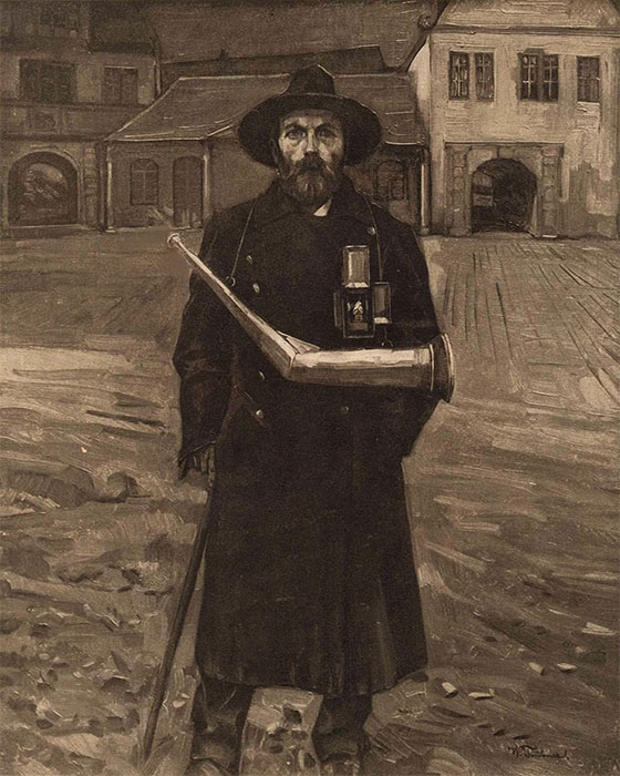 Gemälde: Portrait eines Nachtwächters mit Stab, Laterne und Horn