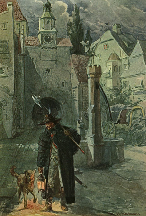 Gemälde: Nachtwächter mit Hund auf nächtlicher Runde, vom Stadttor kommend an einem Brunnen vorbei, im Hintergrund eine abgestellte Kutsche