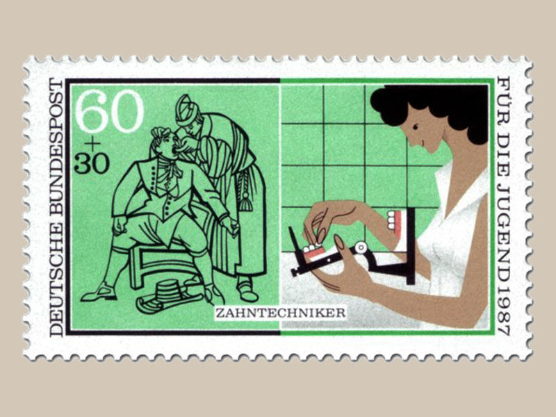 Briefmarke: mittelalterliche Zahnuntersuchung. Zahntechnikerin beim Bearbeiten eines künstlichen Gebisses