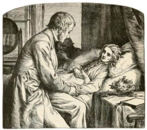 sw-Bild: Arzt bei kranker Frau am Bett hält ihren Arm