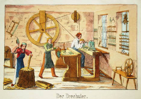alte farbige Abbildung: drei Männer arbeiten in ihrer Werkstatt