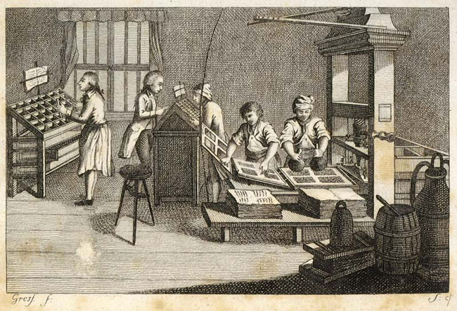 alter Stich: mehrere Arbeiter in Buchdruckerei, Buchsetzer und Drucker