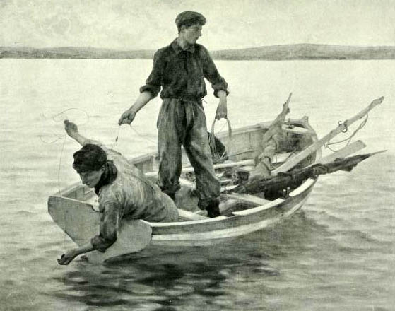 sw-Bild: zwei junge Männer im Boot werfen Angelsehne aus