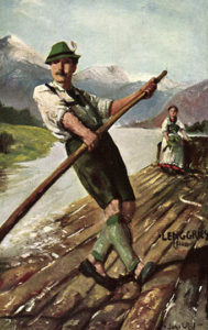 farbiges Bild: Flößer und Frau in Tracht auf dem Floß