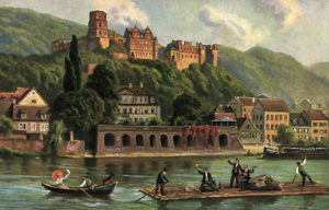 Ansicht: Flößer und Boot auf dem Fluß, Stadt im Hintergrund