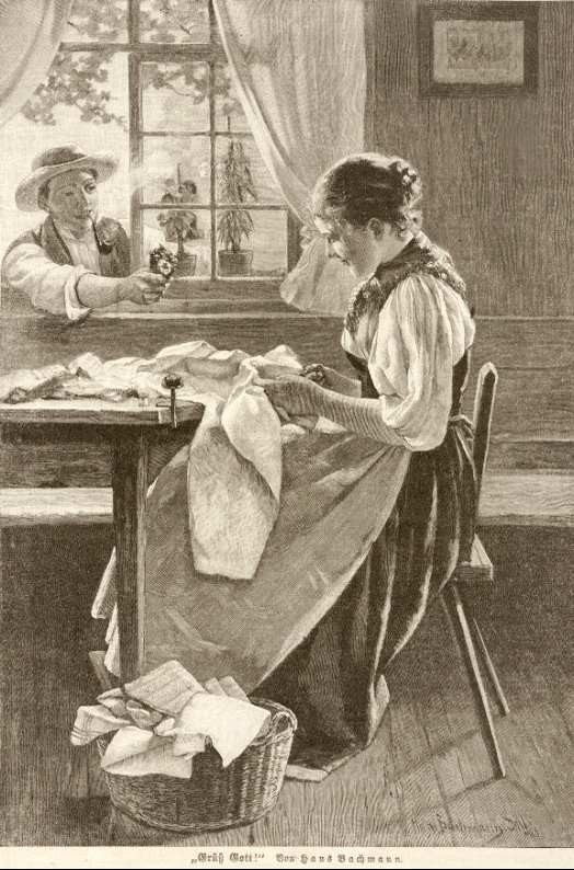 Näherin in der Stube am Tisch sitzend; Mann reicht ihr durch das geöffnete Fenster ein paar Blümchen