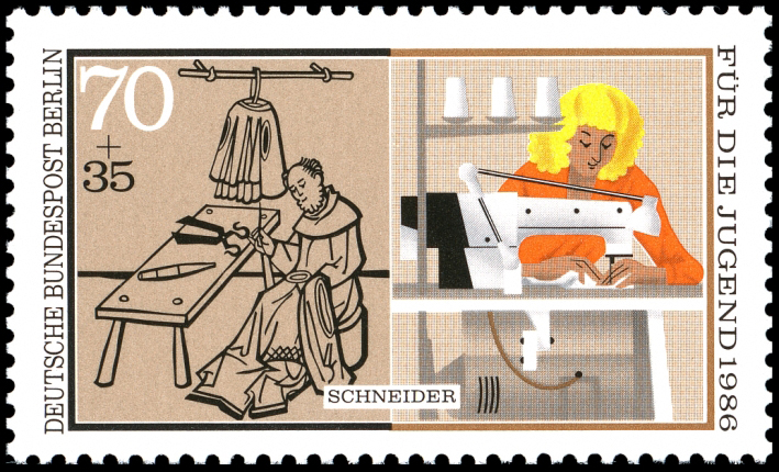 Der Beruf des Schneiders auf einer Briefmarke: früher und heute im Vergleich