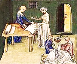 Schneiderinnnen des Mittelalters schneiden Stoff zu