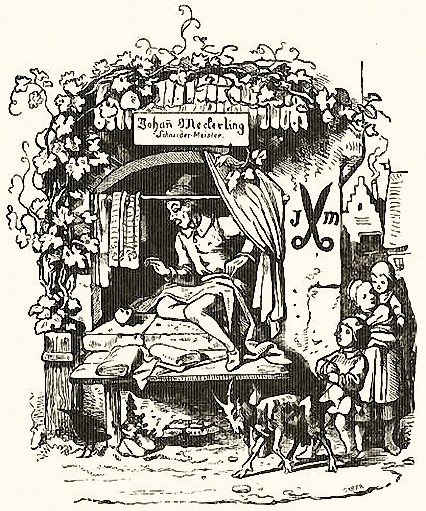 Zeichnung: Schneider sitzt am offenen Fenster und näht, Kinder schauen um die Ecke