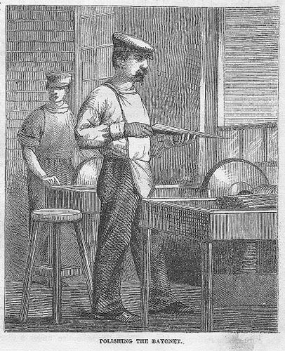Kupferstich: zwei Büchsenschmiede beim Polieren - 19. Jahrhundert
