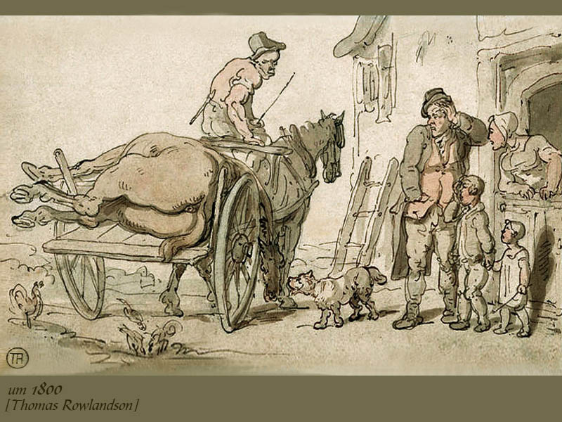 kolorierte Zeichnung: Abdecker holt totes Pferd ab