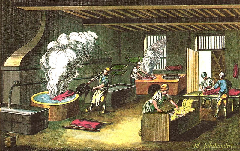 kolorierter Stich: fünf Männer bei der Arbeit in einer Färberei