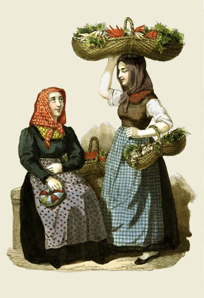 Farblitho: zwei Gemüsehändlerinnen in Schütze und Kopftuch mit Körben voller Gemüse