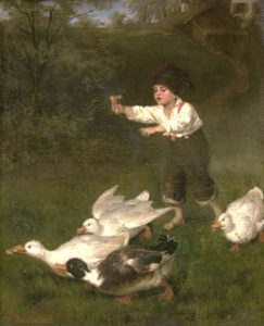 Gemälde: Junge rennt barfuß Gänsen nach, von denen eine ihm ein Stück Brot weggeschnappt hat