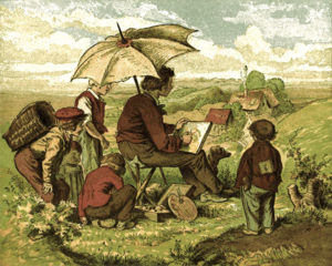 farbiger Siebdruck: junger Mann unter einem Sonnenschirm malt von einem Hügel aus ein im Tal liegendes Dorf, vier Jungen um ihn herum schauen neugierig zu