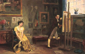 Gemälde: Maler bei der Arbeit an der Staffelei, weibliches Model mit Hut in der Hand sitzt auf einem Stuhl und wird von durchs Fenster scheinendes Sonnenlicht golden bestrahlt