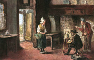 Gemälde: Maler portraitiert holländische Frau mit Häubchen und Holzschuhen in deren Bauernstube