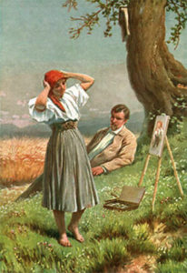 Gemälde: Frau betrachtet ihr Abbild auf der Staffelei, während der Maler auf der Wiese unter einem Baum liegend die Frau beobachtet
