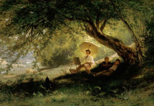 Gemälde: unter einem großen ist ein junger Mann vor einer Staffelei sitzend am Malen, währen zwei andere im Gras liegen
