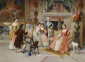 Gemälde: Portraitmaler malt feine Dame umringt von weiteren Damen und Herren - höfische Szene im Stil des 18. Jahrhunderts