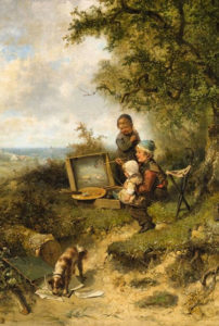 Bildausschnitt: im Freien malt Junge die vor ihm liegende Landschaft, während er im linken Arm auf dem Schoß junges Geschwisterchen hält und rechts neben ihm ein kleines Mädchen zuschaut