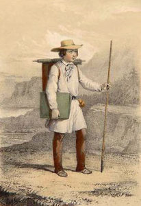 farbige Zeichnung: junger Maler, draußen in der Landschaft unterwegs, mit Leinwand auf dem Rücken und Zeichenmappe unter dem Arm