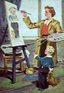 Aquarell: Malerin an der Staffelei malt Sohn, der staunend daneben steht