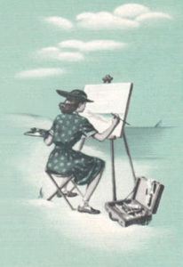 s/w Zeichnung auf blauem Gund: Landschaftsmalerin malt am Ufer sitzend das Meer
